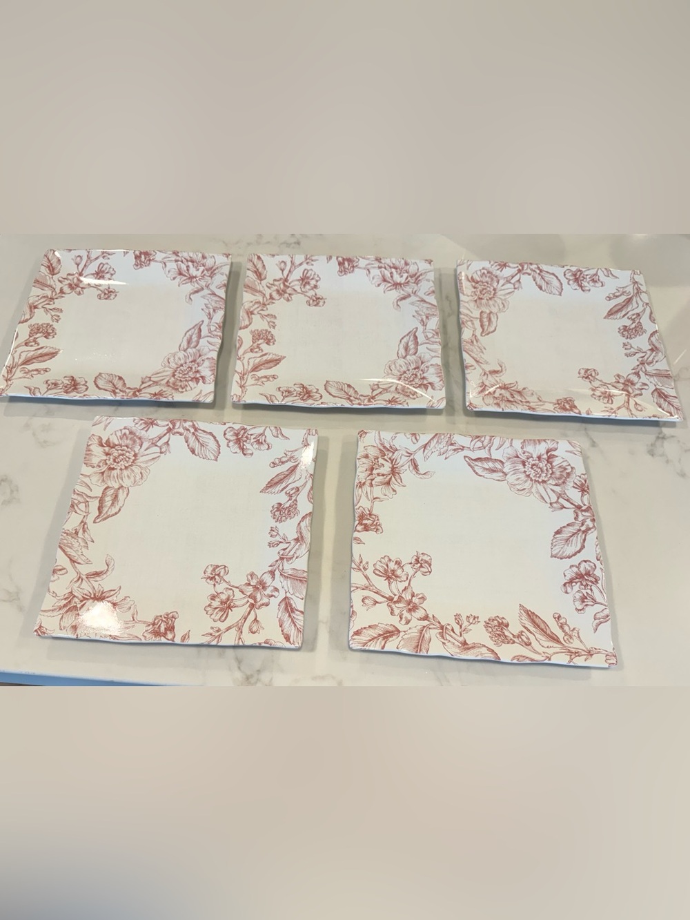 222 Fifth Oakley Pink Floral Square Plates Set of 5 Porcelain
